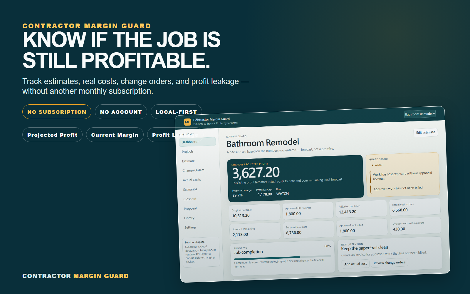 Contractor Margin Guard dashboard showing projected profit, current margin, and profit leakage