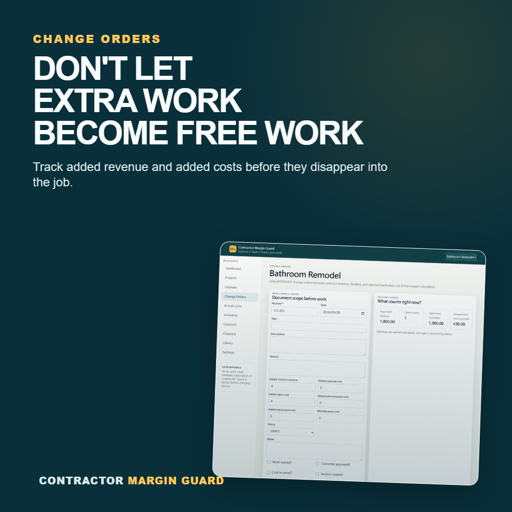Change order tracking view in Contractor Margin Guard