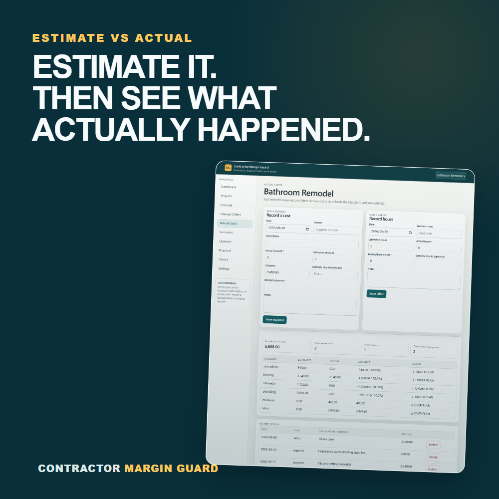 Estimate versus actual cost view in Contractor Margin Guard